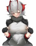  1girl absurdres ahoge antennae arknights black_gloves black_jacket black_scarf blush breasts closed_eyes covered_navel demon_horns drooling fingerless_gloves gloves grey_hair grey_shirt highres horns jacket large_breasts masturbation nipple_tweak open_clothes open_jacket pareorepa scarf self_fondle shirt short_hair simple_background sketch solo sweat upper_body w_(arknights) white_background zipper 