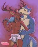 2021 anthro anthro_on_anthro antlers beastars blue_body blue_fur bodily_fluids boxers_(clothing) brown_body brown_fur bulge canid canine canis cervid cervine clothed clothing duo fur hand_holding horn horn_fetish horn_lick horn_play interspecies legoshi_(beastars) licking louis_(beastars) male male/male mammal nipples nude nude_anthro nude_male predator/prey red_deer saliva thorso_the_vile tongue tongue_out topless topless_male underwear wolf 