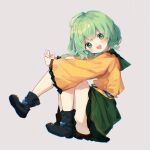  1girl bangs black_footwear blouse blush boots chromatic_aberration commentary film_grain frilled_shirt_collar frilled_skirt frilled_sleeves frills full_body green_eyes green_hair green_skirt komeiji_koishi long_sleeves looking_at_viewer looking_to_the_side medium_hair no_hat no_headwear open_mouth shirt sitting skirt smile solo symbol-only_commentary teeth touhou upper_teeth wavy_hair wide_sleeves xi_(50181439) yellow_shirt 