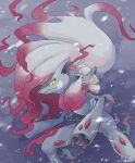  bright_pupils claws closed_mouth commentary_request evolutionary_line furry highres hisuian_zoroark hisuian_zorua outdoors pokemon pokemon_(creature) signature smile snowing taketori_subalu white_pupils yellow_eyes 