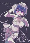  1girl @_@ bandages bow breasts chariki grey_background hair_bow halloween highres hoshitsuki_kuu indie_virtual_youtuber large_breasts multicolored_hair mummy_costume panties pink_hair purple_eyes purple_hair revealing_clothes short_hair solo underwear virtual_youtuber 