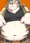  2022 anthro band-aid bandage belly big_belly blue_eyes blush bottomwear clothed clothing clothing_lift eyewear felid glasses hi_res kemono licho_(tas) lifewonders male mammal navel one_eye_closed overweight overweight_male pantherine pants shirokumaou shirt shirt_lift solo tiger tokyo_afterschool_summoners topwear video_games white_body wink 