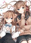  2girls :d animal_ear_fluff animal_ears bangs black_sailor_collar black_skirt blue_bow blue_bowtie blue_eyes blue_ribbon blush bow bowtie brown_hair brown_sweater cat_ears closed_mouth collared_shirt hair_between_eyes hair_ribbon hand_on_own_chest heart heripiro high-waist_skirt highres holding holding_hair holding_hands long_hair long_sleeves looking_at_viewer lying miniskirt multiple_girls on_back original puffy_long_sleeves puffy_sleeves red_ribbon ribbon sailor_collar shirt skirt sleeves_past_wrists smile sweater very_long_hair white_background white_shirt 