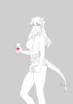  1girl absurdres alternate_costume arknights bottle denim denim_shorts dragon_tail highres horns monochrome muscular muscular_female rd_shion revealing_clothes saria_(arknights) short_shorts shorts tail water_bottle 