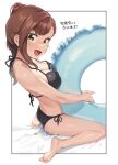  1girl barefoot bikini black_bikini breasts brown_eyes brown_hair character_request cleavage copyright_request hair_bun highres innertube large_breasts long_hair muchi_maro side-tie_bikini side_ponytail solo swimsuit translation_request white_background 