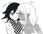  1boy 1girl bangs bare_shoulders blush breasts checkered_clothes checkered_scarf cleavage collarbone danganronpa_(series) danganronpa_v3:_killing_harmony flipped_hair greyscale grin hair_between_eyes jacket kiss kissing_cheek large_breasts long_hair looking_at_another looking_to_the_side low_twintails medium_hair monochrome ouma_kokichi scarf smile teeth togi9999 twintails yonaga_angie 