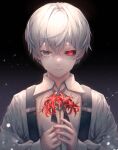  1boy bangs black_background black_bow black_bowtie bow bowtie collared_shirt flower grey_background grey_hair grey_shirt heterochromia highres holding holding_flower hydrangea kaneki_ken male_focus overalls red_eyes red_flower salm-inojaem shiny shiny_hair shirt short_hair smile tokyo_ghoul 