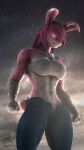  3d_(artwork) abs absurd_res anthro bandaged_arm bandaged_chest bandaged_hand bottomwear breasts clothing cloudy_sky denim denim_clothing digital_media_(artwork) fan_character female fighting_pose hair hi_res jeans lagomorph leporid long_ears ludexus mammal pants pink_body pink_eyes pink_hair pink_nose pose rabbit raining serious solo source_filmmaker tattoo wet wet_body zafy_takada_(ludexus) 