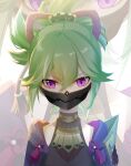  1girl absurdres armor bangs collarbone commentary_request genshin_impact green_hair hair_between_eyes hair_ornament highres japanese_clothes kuki_shinobu long_hair looking_at_viewer mask mouth_mask ponytail purple_eyes qixia rope shimenawa shoulder_armor sidelocks simple_background solo zoom_layer 