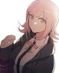  1girl bangs black_jacket black_shirt closed_mouth collared_shirt danganronpa_(series) danganronpa_2:_goodbye_despair dress_shirt flipped_hair grey_background hand_up highres jacket long_sleeves medium_hair nanami_chiaki neck_ribbon no_hair_ornament open_clothes open_jacket pink_eyes red_ribbon ribbon rirene_rn shiny shiny_skin shirt simple_background sleeves_past_wrists solo upper_body white_shirt 