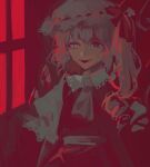 1girl ascot bangs brown_ascot collared_shirt crystal flandre_scarlet frills grey_headwear grey_shirt hair_between_eyes hat hat_ribbon heterochromia highres indoors jewelry laevatein_(touhou) light looking_at_viewer mob_cap one_side_up open_mouth orange_eyes pink_eyes polearm puffy_short_sleeves puffy_sleeves rain red_eyes red_ribbon red_skirt red_sky red_vest ribbon shadow shirt short_hair short_sleeves skirt sky smile solo spear standing teeth tongue touhou vest wall weapon window wings yanfei_u 
