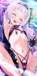  1girl armpits bangs blunt_bangs blush breasts cameltoe closed_eyes grey_hair hair_ornament hairband highres hololive long_hair long_sleeves looking_at_viewer midriff mizuno_kurage murasaki_shion navel open_mouth sidelocks slingshot_swimsuit small_breasts smile solo sweat swimsuit virtual_youtuber yellow_eyes 