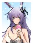  1girl 3_(sanyako1) animal_ears arknights bikini black_bow blue_background border bow bow_bikini breasts cleavage collar grey_collar grey_eyes hair_bow hand_up heart highres holding_ice_cream ice_cream_cone large_breasts long_hair looking_at_viewer official_alternate_costume open_mouth purple_hair rabbit_ears rabbit_girl rope_(arknights) rope_(summer_flowers)_(arknights) simple_background solo star_(symbol) strapless strapless_bikini swimsuit upper_body white_bikini white_border 
