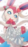  blue_eyes blush bright_pupils closed_mouth commentary flower highres katsukare looking_at_viewer no_humans pokemon pokemon_(creature) smile solo sylveon toes white_pupils 
