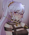  1340smile 1girl blush commission commissioner_upload cosplay costume_switch fire_emblem fire_emblem:_genealogy_of_the_holy_war fire_emblem_heroes hair_ornament highres ishtar_(fire_emblem) jewelry open_mouth purple_eyes purple_hair spy_x_family upper_body weapon yor_briar 