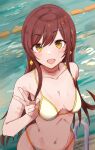  1girl :d amamoru_21 bangs bare_shoulders bikini blonde_hair blush breasts brown_hair cleavage closed_eyes earrings highres idolmaster idolmaster_shiny_colors jewelry long_hair looking_at_viewer navel osaki_amana pool smile solo swimsuit v wet white_bikini 