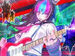  1girl bangs black_hair black_sailor_collar blue_hair danganronpa_(series) danganronpa_2:_goodbye_despair ear_piercing gloves grey_shirt guitar hair_horns holding holding_plectrum instrument jewelry long_hair mioda_69ch mioda_ibuki mouth_piercing multicolored_background neckerchief piercing pink_eyes pink_hair pink_neckerchief plectrum ring sailor_collar shirt skirt smile solo striped striped_gloves tongue tongue_out white_hair 