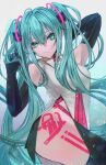  1girl absurdly_long_hair absurdres ahoge aqua_eyes aqua_hair armpits bare_shoulders black_gloves bodypaint breasts closed_mouth collared_shirt cowboy_shot elbow_gloves eyebrows_behind_hair floating_hair gloves hair_between_eyes hands_in_hair hands_up hatsune_miku highres hip_vent long_hair looking_to_the_side medium_breasts nekodayo22 shirt sleeveless sleeveless_shirt solo thighhighs twintails very_long_hair vocaloid 