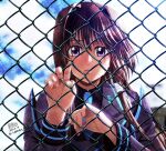  1girl artist_name blue_necktie brown_hair cloud collared_shirt commission crying crying_with_eyes_open dated fence grey_jacket hair_intakes highres jacket looking_at_viewer military military_uniform muvluv muvluv_alternative muvluv_total_eclipse necktie parted_lips popmaru_chuui portrait purple_eyes shirt skeb_commission sky solo takamura_yui tears uniform 