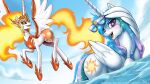  2022 cloud cutie_mark daybreaker_(mlp) duo equid equine eyewear eyewear_on_head feathered_wings feathers female feral fire flaming_hair flaming_tail flying friendship_is_magic hair hasbro hi_res horn john_joseco mammal multicolored_hair multicolored_tail my_little_pony open_mouth open_smile partially_submerged princess_celestia_(mlp) pseudo_hair purple_eyes sky smile sunglasses sunglasses_on_head text url water winged_unicorn wings yellow_eyes 