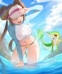  1girl ;d absurdres arm_up bikini bikini_bottom_only blue_eyes blue_sky blush breasts brown_hair cloud day double_bun hair_bun highres leaning_forward long_hair long_sleeves looking_at_another matdoljangin medium_breasts navel one_eye_closed open_mouth outdoors pokemon pokemon_(creature) pokemon_(game) pokemon_bw2 raglan_sleeves rosa_(pokemon) shirt sidelocks sky smile snivy splashing stomach sunlight swimsuit taut_clothes taut_shirt teeth thighs twintails upper_teeth visor_cap wading water water_drop wet wet_clothes wet_shirt 