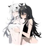  2girls @_@ ahoge animal_ears arknights bangs black_hair black_tank_top blush breast_grab breasts clothes_lift cropped_arms cropped_shirt cropped_torso crossed_bangs grabbing grabbing_from_behind grey_eyes hair_ornament hairclip highres lappland_(arknights) lifted_by_another long_hair looking_at_another looking_at_breasts looking_at_viewer medium_breasts meng_ziya messy_hair multiple_girls navel parted_lips scar scar_across_eye shirt_lift simple_background sweat tank_top teeth texas_(arknights) upper_body upper_teeth white_background white_bandeau white_hair wolf_ears yellow_eyes yuri 