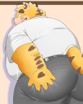  2022 anthro belly big_belly big_butt blush bottomwear butt clothing felid hi_res humanoid_hands kemono male mammal overweight overweight_male pantherine pants puss3250 shirt solo tiger topwear 