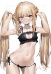  1girl absurdres armpits arms_up bare_arms bare_shoulders black_bra black_panties blonde_hair bra breasts bunching_hair cat_cutout cat_ear_panties cat_lingerie cleavage cleavage_cutout clothing_cutout collarbone commission contrapposto cowboy_shot frilled_bra frills frown girls&#039;_frontline glasses highres long_hair looking_at_viewer meme_attire navel orange_eyes panties poharo rimless_eyewear round_eyewear second-party_source side-tie_panties sidelocks small_breasts solo spaghetti_strap standing stomach string_panties twintails type_80_(girls&#039;_frontline) underwear underwear_only very_long_hair wavy_mouth 