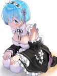  1girl black_dress blue_eyes blue_hair blush breasts cleavage detached_sleeves dress hair_ornament hair_ribbon large_breasts looking_at_viewer maid mameroku pink_ribbon re:zero_kara_hajimeru_isekai_seikatsu rem_(re:zero) ribbon seiza short_hair simple_background sitting solo white_background x_hair_ornament 