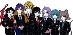  6+girls animal_ears asymmetrical_wings black_hair black_pants black_shirt blonde_hair blue_eyes blue_hair blue_necktie blue_wings brown_eyes brown_hair closed_mouth collared_shirt cowboy_shot formal green_eyes grey_hair grey_shirt heterochromia hijiri_byakuren houjuu_nue kumoi_ichirin long_hair long_sleeves meimaru_inuchiyo mouse_ears mouse_tail multicolored_hair multiple_girls murasa_minamitsu nazrin necktie open_mouth pants purple_hair red_eyes red_necktie red_wings shirt short_hair simple_background smile suit tail tatara_kogasa teeth tongue tongue_out toramaru_shou touhou two-tone_hair undefined_fantastic_object upper_teeth white_background white_shirt wings yellow_eyes 