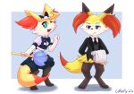  braixen butlet cafe_(coffeefly) clothing coffeefly fan_character female green_eyes hi_res maid_uniform male nintendo pok&eacute;mon pok&eacute;mon_(species) purple_eyes simple_background standing uniform video_games 