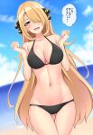  1girl absurdres ass_visible_through_thighs bangs baretto_(karasi07) beach bikini black_bikini blonde_hair blue_sky blurry blush breasts brown_eyes cleavage cloud commentary cowboy_shot cynthia_(pokemon) depth_of_field groin hair_ornament hair_over_one_eye halterneck highres large_breasts long_hair looking_at_viewer navel open_mouth outdoors pokemon pov sky solo swimsuit thighs translated very_long_hair 