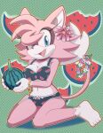  absurd_res anthro breasts clothing domestic_cat fangs felid feline felis female food fruit head_tuft hi_res kneeling looking_at_viewer mammal melon navel open_mouth open_smile plant sensh_the_cat senshion smile solo tuft underwear 