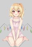  1girl @_@ barefoot blonde_hair blush collarbone dress fang flandre_scarlet highres nightgown nono54558 one-hour_drawing_challenge one_side_up open_mouth pink_dress red_eyes short_hair side_ponytail solo thighs touhou vampire wings 