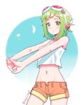  1girl aegissanp artist_name bangs blush_stickers crop_top expressionless goggles goggles_on_head green_eyes green_hair groin gumi headphones highres looking_at_viewer looking_down midriff navel open_fly outstretched_arms short_hair shorts solo stretch tank_top thick_eyebrows vocaloid 