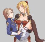  2girls armor blonde_hair blush breasts brown_hair carrying cleavage commentary_request granblue_fantasy highres katalina_(granblue_fantasy) miso-ha_(ukyuu) multiple_girls ponytail princess_carry short_hair shoulder_armor vira_(granblue_fantasy) yuri 