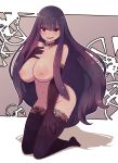  1girl :d black_legwear blush breasts brown_gloves choker closed_mouth convenient_arm copyright_request elbow_gloves gloves highres kneeling lamb-oic029 large_breasts long_hair looking_at_viewer navel nipples nude purple_hair red_eyes smile solo thighhighs very_long_hair 