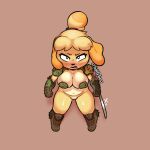  2021 angry animal_crossing anthro armor big_breasts bottomless bottomless_anthro bottomless_female breast_squish breasts canid canine canis clothed clothing cosplay crossover crossover_cosplay domestic_dog doom_(series) female front_view full-length_portrait genitals high-angle_view id_software isabelle_(animal_crossing) mammal nintendo portrait pussy shih_tzu short_stack solo squish standing tdtbaa toy_dog video_games weapon 