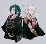  2girls alternate_color armor bangs black_cape black_robe blue_eyes blue_hair book brown_eyes byleth_(fire_emblem) byleth_(fire_emblem)_(female) cape closed_mouth color_switch commentary cropped_torso english_commentary fire_emblem fire_emblem:_three_houses fire_emblem_awakening grey_background hair_between_eyes highres holding holding_book hood hood_down hooded_robe long_hair looking_at_viewer multiple_girls open_book oratoza robe robin_(fire_emblem) robin_(fire_emblem)_(female) serious simple_background trait_connection twintails white_hair wide_sleeves 