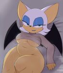  anthro bedroom_eyes bodily_fluids bottomless breasts chiropteran chubby_anthro chubby_female clothed clothing curvy_figure female hand_behind_head hi_res kierus looking_at_viewer lying mammal narrowed_eyes navel on_back rouge_the_bat seductive sega slightly_chubby solo sonic_the_hedgehog_(series) sweat sweaty_breasts sweaty_legs sweaty_thighs thick_thighs turtleneck under_boob voluptuous wide_hips wings 