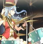  1girl aoiro_050 armor bang_dream! blue_hair blurry depth_of_field drum drum_set drumming drumsticks hat highres indoors instrument long_hair matsubara_kanon music open_mouth pauldrons playing_instrument profile purple_eyes shoulder_armor side_ponytail solo sweat upper_body wrist_cuffs 