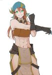  1girl abs absurdres bandana belt black_gloves blacksmith blue_bandana braid brown_hair crop_top gloves goggles goggles_around_neck green_eyes grin highres jon_eve leather long_hair midriff minayle_(monster_hunter) monster_hunter_(series) monster_hunter_rise muscular muscular_female pelvic_curtain side_braid smile solo stretch suspenders_hanging white_background 