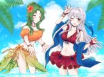  2girls ;d arm_up bangs bare_shoulders bikini bikini_skirt blue_scarf blue_sky blush bow braid breasts cleavage closed_eyes collarbone crown_braid elincia_ridell_crimea fingerless_gloves fire_emblem fire_emblem:_radiant_dawn fire_emblem_heroes flower gloves grey_hair groin hair_flower hair_ornament hair_ribbon half_updo highres jewelry large_breasts long_hair medium_breasts micaiah_(fire_emblem) misato_hao multiple_girls navel necklace official_alternate_costume one_eye_closed open_mouth orange_bikini orange_swimsuit palm_tree red_bikini red_gloves red_swimsuit ribbon scarf sky smile swimsuit towel tree wristband yellow_eyes 