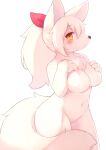  anthro arched_back big_breasts blush breasts canid canine claws featureless_breasts female hair hand_on_breast looking_at_viewer mammal matsuura navel ponytail solo thick_thighs 
