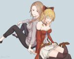  2girls :d absurdres back-to-back black_bow black_legwear black_pants blonde_hair bow breasts brown_footwear brown_hair choker cleavage closed_eyes collarbone detached_sleeves dress granblue_fantasy grey_background grey_shirt grin hair_bow highres katalina_(granblue_fantasy) layered_dress long_hair long_sleeves looking_back medium_breasts miso-ha_(ukyuu) multiple_girls open_mouth pants ponytail purple_ribbon red_bow red_dress red_eyes red_sleeves ribbon shiny shiny_hair shirt short_dress simple_background sitting smile straight_hair strapless strapless_dress thighhighs two-tone_bow vira_(granblue_fantasy) white_dress yuri zettai_ryouiki 