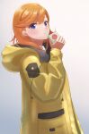  1girl absurdres bangs brown_hair coat drinking drinking_straw from_side gradient gradient_background grey_background highres hooded_coat ina_ina_rina long_hair long_sleeves love_live! love_live!_superstar!! open_clothes open_coat purple_eyes shibuya_kanon shiny shiny_hair solo straight_hair swept_bangs yellow_coat 