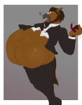  anthro ayvore beard belly big_belly bloated brown_body brown_fur bubble clothing container cup drinking_glass drunk drunk_bubble equid equine facial_hair fur glass glass_container glass_cup hi_res hiccuping horse male mammal navel open_mouth outie_navel solo substance_intoxication suit wine_glass 