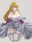  1girl absurdres alternate_costume bangs bare_shoulders blonde_hair breasts cleavage collarbone commentary_request dress elbow_gloves fire_emblem fire_emblem:_genealogy_of_the_holy_war flower garter_straps gloves grey_background grey_dress grey_legwear grin hair_flower hair_ornament highres jewelry lachesis_(fire_emblem) large_breasts long_hair looking_at_viewer necklace partial_commentary pomodoro_(po) purple_gloves simple_background smile solo strapless strapless_dress thick_thighs thighhighs thighs very_long_hair white_flower yellow_eyes 