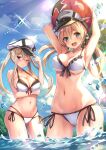  2girls :d aqua_eyes armpits arms_up ass_visible_through_thighs ball bare_arms bare_shoulders beach beachball bikini blonde_hair blue_eyes blue_sky blush breast_hold breasts cleavage cloud cloudy_sky cowboy_shot day floating_hair frilled_bikini frills front-tie_bikini front-tie_top frown graf_zeppelin_(kancolle) green_eyes halter_top halterneck hand_on_headwear hat highres kantai_collection large_breasts long_hair looking_at_viewer multi-strapped_bikini multiple_girls navel one_eye_closed open_mouth outdoors palm_tree partially_submerged peaked_cap prinz_eugen_(kancolle) side-tie_bikini sidelocks sky smile standing stomach string_bikini sunlight swimsuit tree twintails two-tone_bikini wading water wet white_bikini white_headwear yuuki_yuu 