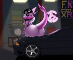  absurd_res anthro car ceiling_lights dragon fan_character fur furred_dragon garage hi_res lovehatealien male neon sitting sitting_on_car smug solo vehicle 